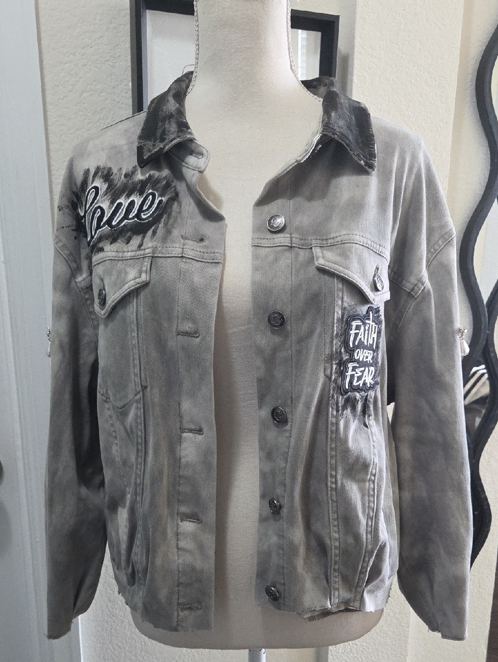 Upcyled Women's Gray Denim Jacket with 'Faith Over Fear' Patch